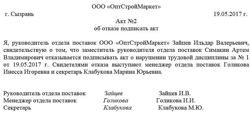 Акт об отказе в принятии документов образец